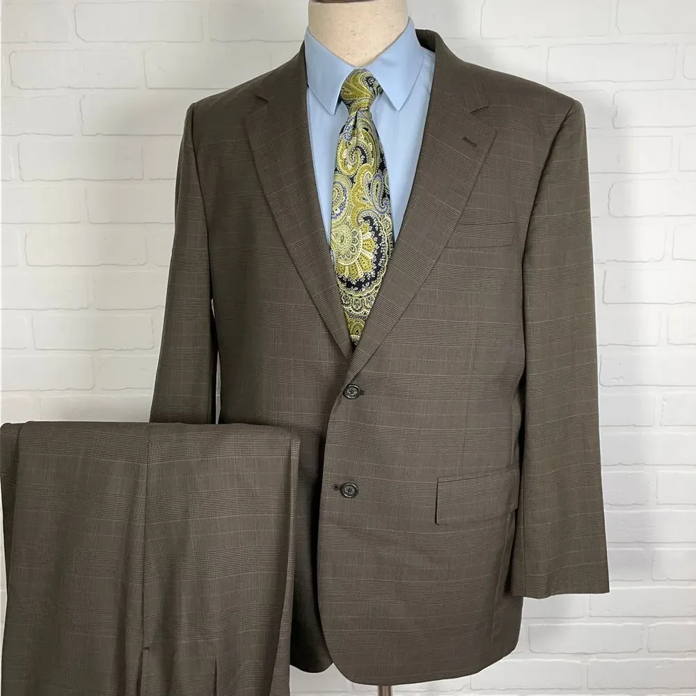Jos. A‎ Bank Suit Men 43R 36W 28L Brown Plaid Wool Classic Fit Career Wool 2pc